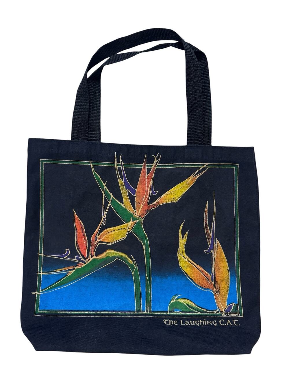 J.Aubrey “The Laughing C.A.T” Birds of Paradise Black Canvas Tote Bag Painted
